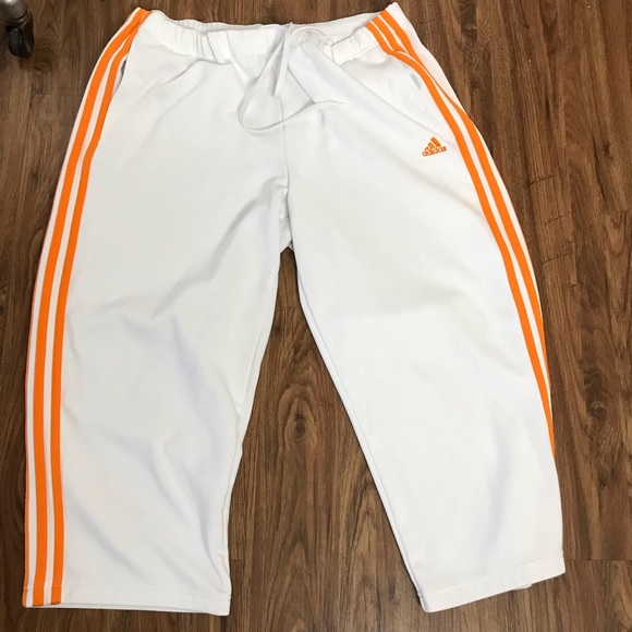 adidas Pants - Adidas White Cropped Athletic Pants Orange Stripe